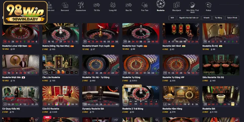 Các phiên bản Roulette đỉnh cao tại 98Win